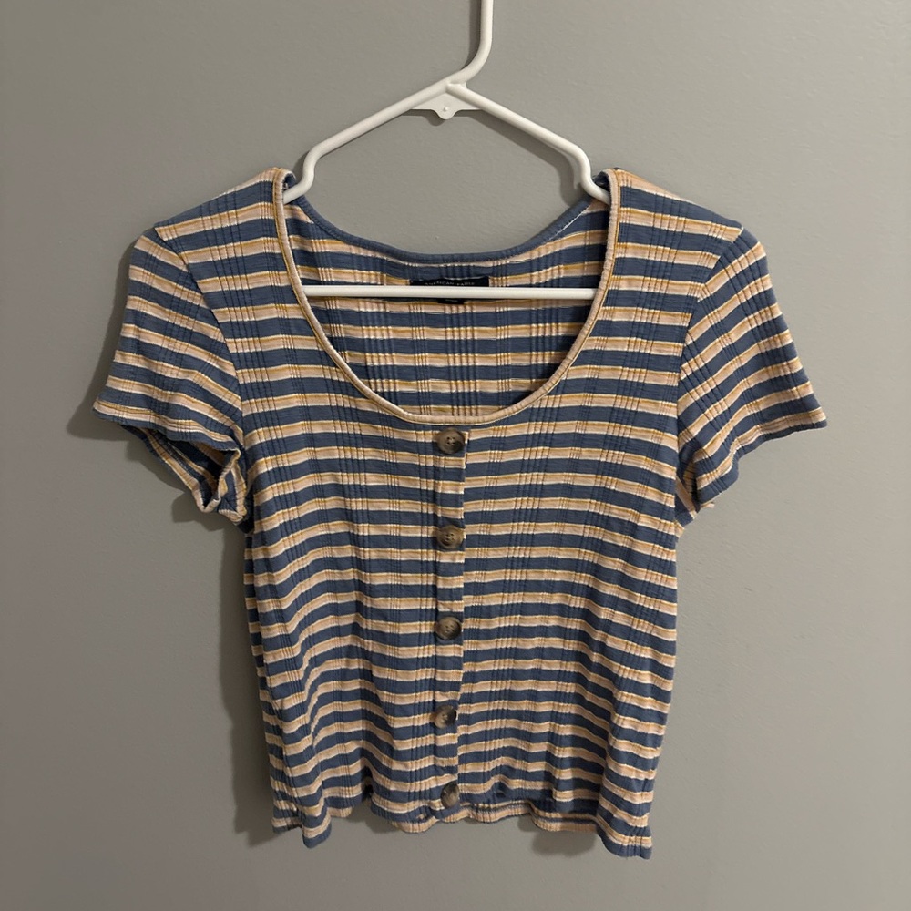 American Eagle Outfitters Blue and Cream Striped Button-Down Tee